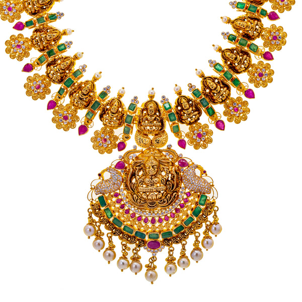 22K Yellow Gold Laxmi Necklace (114.3gm) | 
Combine the luxury and elegance of this 22k yellow gold and gemstone temple necklace with your f...