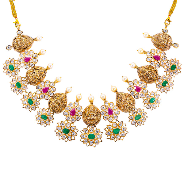 22K Yellow Gold, Gems & Pearls Laxmi Jewelry Set (79.6 grams) | 
Add a sophisticated layer of 22k gold and rich gemstones to your cultural or formal attire with ...