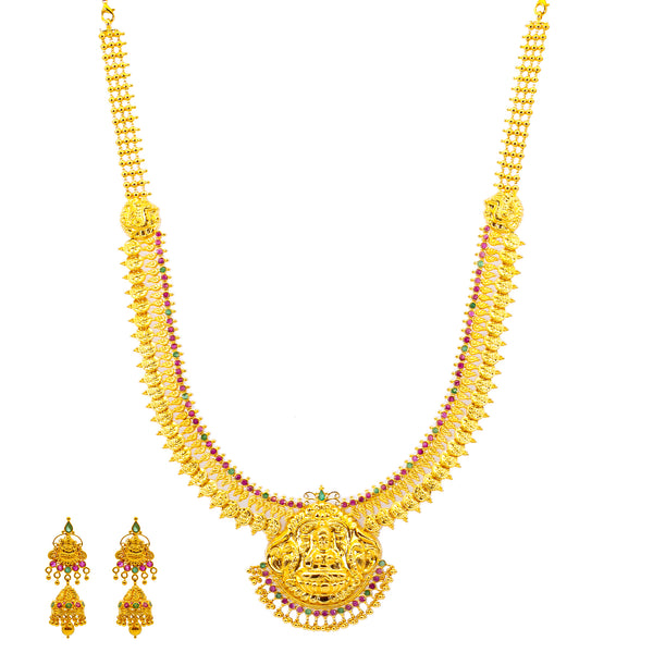 22K Yellow Gold & Gems Goddess Laxmi Necklace (88.5 grams) | 
Bring a regal look to your traditional wear or other formal outfits with this stunning Goddess L...