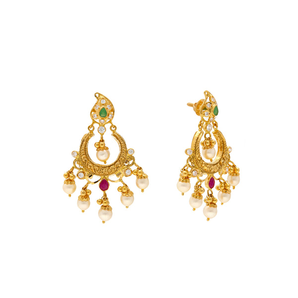 22K Yellow Gold Temple Jewelry Set with Gems & Pearls (69.5 grams) | 
Adorn yourself with this beautiful 22k yellow gold temple jewelry set when you're ready to be ma...
