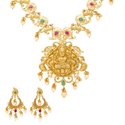22K Yellow Gold Temple Jewelry Set with Gems & Pearls (69.5 grams)