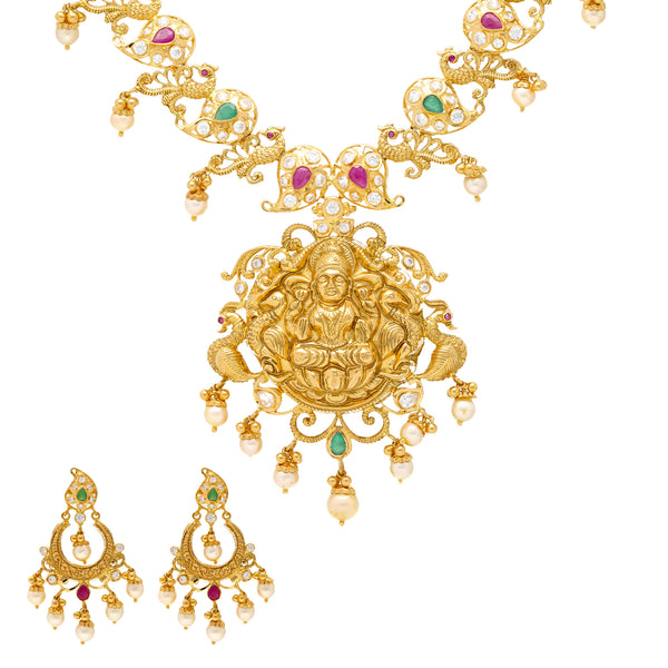 22K Yellow Gold Temple Jewelry Set with Gems & Pearls (69.5 grams) | 
Adorn yourself with this beautiful 22k yellow gold temple jewelry set when you're ready to be ma...