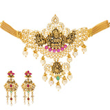 22k Yellow Gold Laxmi Temple Jewelry Set (55.5gm) | 
Give your outfits a glamorous update with cultural significance by pairing this 22k gold and gem...