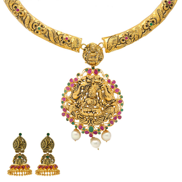 22K Gold & Gemstone Laxmi Necklace Set (63.3gm) | 
Add this radiant 22k yellow gold Laxmi necklace and jhumka earrings to your most beloved Indian ...
