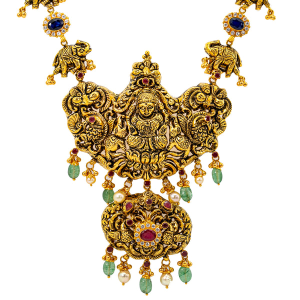 22K Antique Gold Goddess Laxmi Necklace w. Gems & Pearls (83.2 grams) | Pair this unique antique gold Laxmi necklace with your favorite traditional or cultural attire fo...