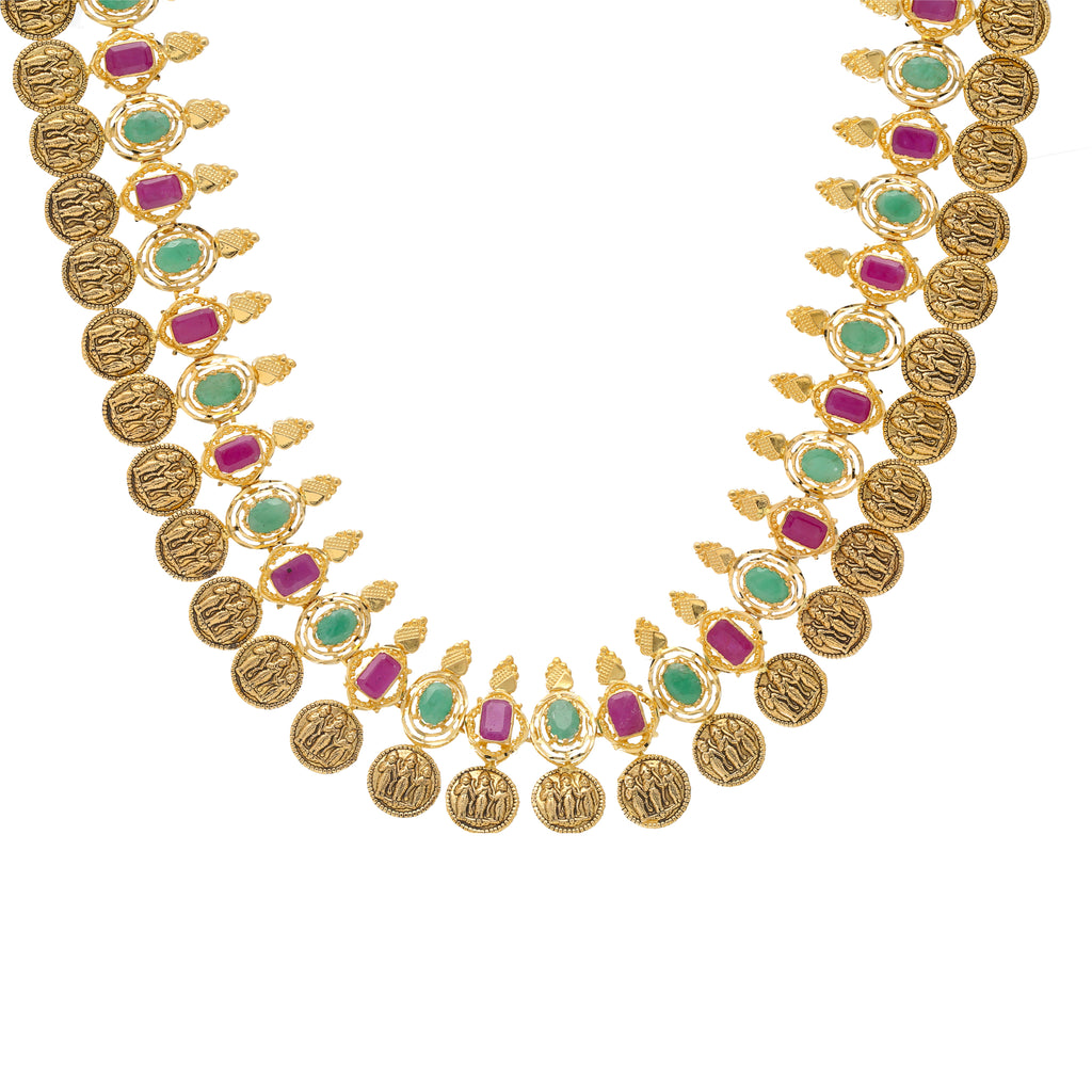22K Yellow Gold & Gemstone Temple Necklace (56.5gm) | 
This 22k yellow gold and gemstone necklace has a beautiful assembly of emeralds and rubies along...