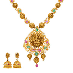 22K Yellow Gold Laxmi Jewelry Set with Gems & Uncut Diamonds