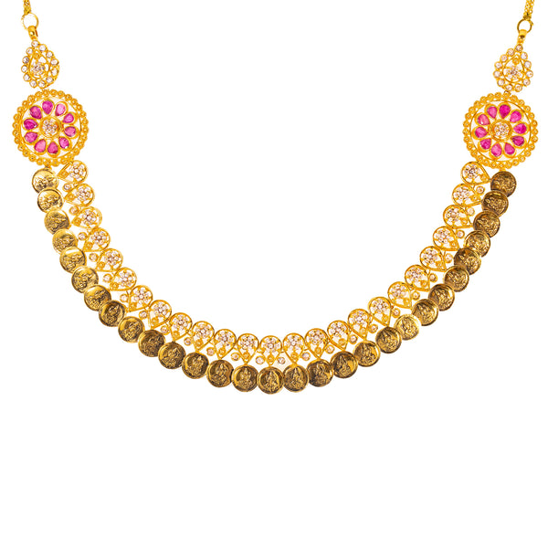 22K Yellow Gold & Uncut Diamond Kasu Jewelry Set (56.2gm) | 
This dazzling traditional Indian jewelry set has a stunning assembly of rubies and uncut diamond...