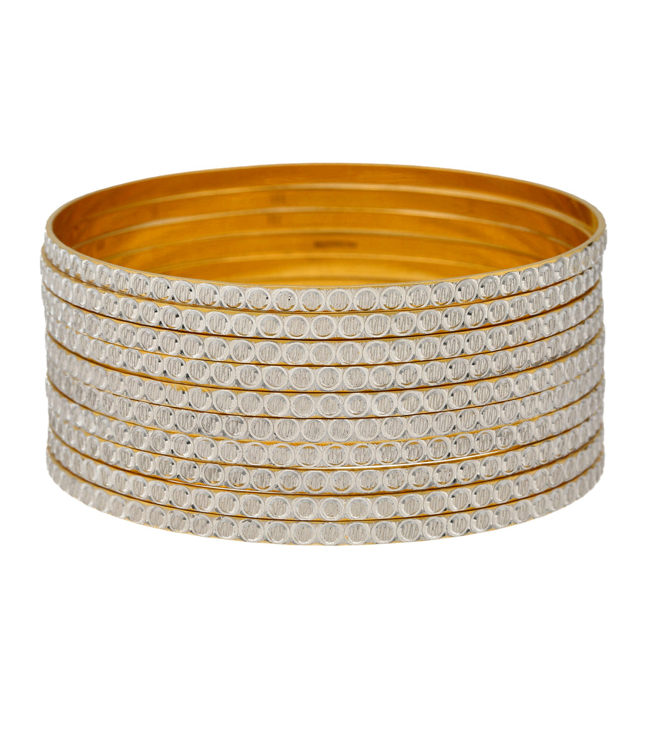22K Yellow & White Gold Bangle Set of 10 (109.4gm) | 
Add this pair of gold Indian bangles use a lavish design made from 22k yellow and white gold to ...