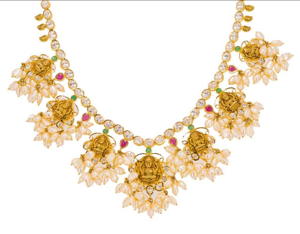Virani Jewelers 22K Yellow Gold Guttapusalu Necklace Earrings Set w Rubies Emeralds CZ Gems Cluster Pearls Laxmi Accents