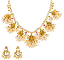 22K Yellow Gold Guttapusalu Necklace & Earrings Set W/ Rubies, Emeralds, CZ Gems, Cluster Pearls & Laxmi Accents - Virani Jewelers