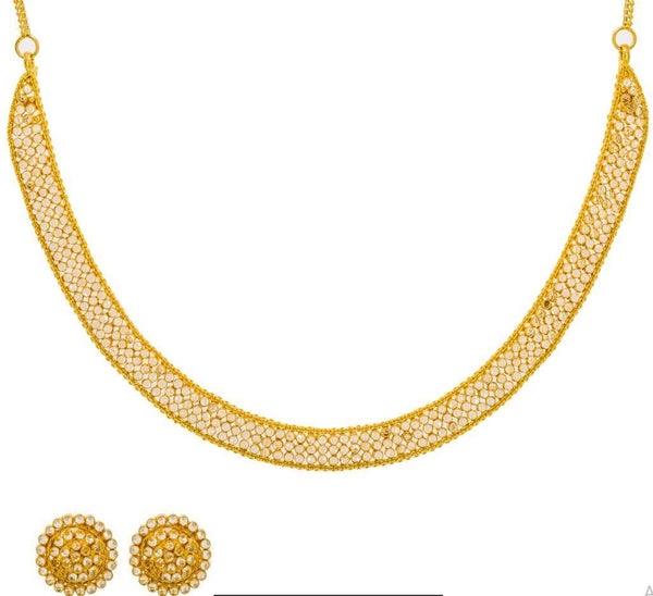 22K Yellow Gold Necklace & Earrings Set W/ CZ Polki - Virani Jewelers | Dare to let your elegance radiate with this 22K yellow gold necklace & earrings set from Vira...