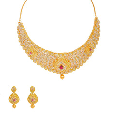 22K Yellow Gold Diamond Necklace & Earrings Set W/ 26.98ct Uncut Diamonds, Rubies & Clustered Flowers on Bib Necklace - Virani Jewelers