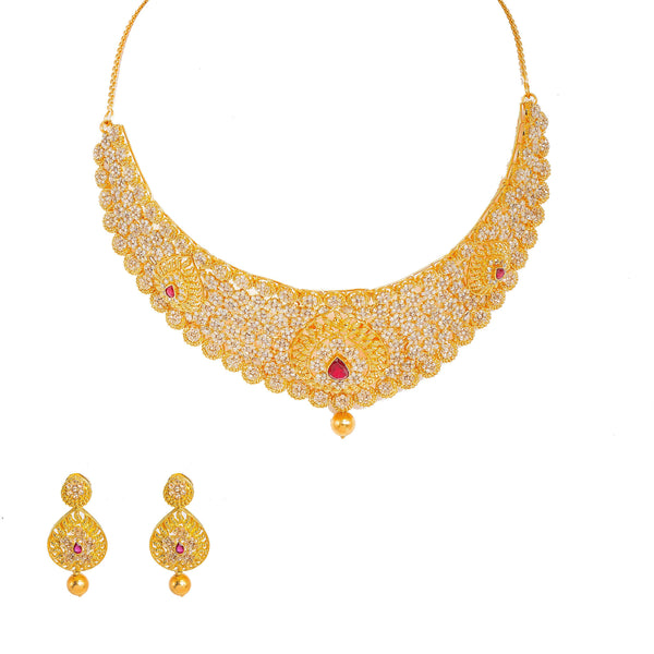 22K Yellow Gold Diamond Necklace & Earrings Set W/ 26.98ct Uncut Diamonds, Rubies & Clustered Flowers on Bib Necklace - Virani Jewelers |  22K Yellow Gold Diamond Necklace & Earrings Set W/ 26.98ct Uncut Diamonds, Rubies & Clus...