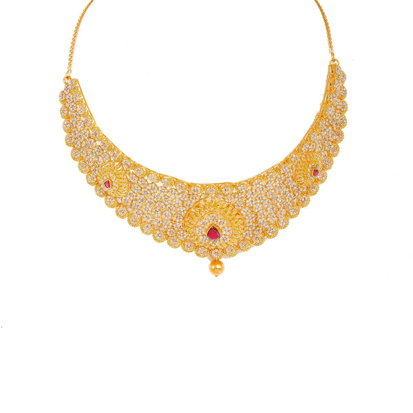 22K Yellow Gold Diamond Necklace & Earrings Set W/ 26.98ct Uncut Diamonds, Rubies & Clustered Flowers on Bib Necklace - Virani Jewelers |  22K Yellow Gold Diamond Necklace & Earrings Set W/ 26.98ct Uncut Diamonds, Rubies & Clus...