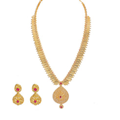 22K Yellow Gold Diamond Necklace & Earrings Set W/ 14.74ct Uncut Diamonds, Rubies & Laxmi Kasu on Deep V-Neck Pendant Necklace - Virani Jewelers
