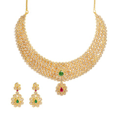 22K Yellow Gold Diamond Necklace & Earrings Set W/ 38.54ct Uncut Diamonds, Rubies & Emeralds on Choker Necklace - Virani Jewelers