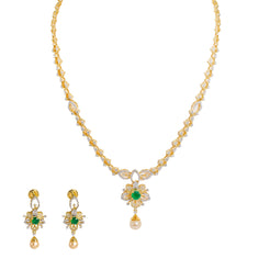 18K  Yellow Gold Diamond Necklace & Earrings Set W/ VVS Diamonds, Emeralds, Pearls & Lotus Flower Pendant - Virani Jewelers