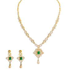 18K  Multi Tone Gold Diamond Necklace & Earrings Set W/ VVS Diamonds, Rubies, Emeralds, Pearls & Lotus Flower Pendant - Virani Jewelers
