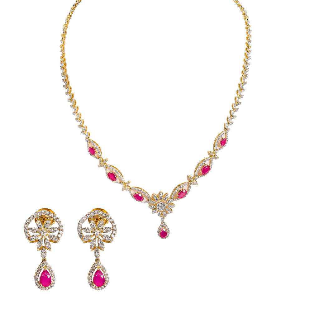 18K  Multi Tone Gold Diamond Necklace & Earrings Set W/ VVS Diamonds, Rubies & Eyelet Chain - Virani Jewelers | 18K Multi Tone Gold Diamond Necklace & Earrings Set W/ VVS Diamonds, Rubies & Eyelet Chai...