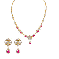 18K  Multi Tone Gold Diamond Necklace & Earrings Set W/ VVS Diamonds, Rubies & Eyelet Chain - Virani Jewelers