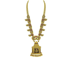 22K Yellow Gold Necklace W/ Ruby, Emerald & Large Laxmi Temple Pendant on Flower Carved Chain - Virani Jewelers