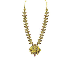 22K Yellow Gold Necklace W/ Ruby, Eyelet Laxmi Pendant & Carved Mango Accents - Virani Jewelers