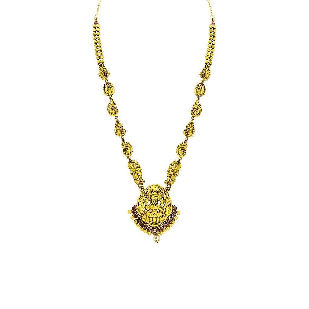 22K Yellow Gold Antique Temple Necklace W/ Rubies, Pearl & Paisley Carved Accent Chain - Virani Jewelers |  22K Yellow Gold Antique Temple Necklace W/ Rubies, Pearl & Paisley Carved Accent Chain for w...