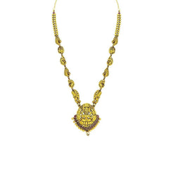 22K Yellow Gold Antique Temple Necklace W/ Rubies, Pearl & Paisley Carved Accent Chain - Virani Jewelers