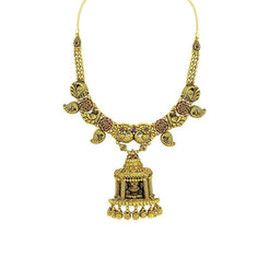 22K Yellow Gold Antique Temple Necklace W/ Ruby, Emerald & Large Laxmi Pendant on Carved Chain - Virani Jewelers