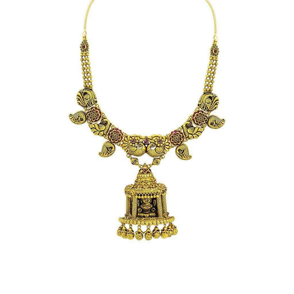 22K Yellow Gold Antique Temple Necklace W/ Ruby, Emerald & Large Laxmi Pendant on Carved Chain - Virani Jewelers |  22K Yellow Gold Antique Temple Necklace W/ Ruby, Emerald & Large Laxmi Pendant on Carved Cha...