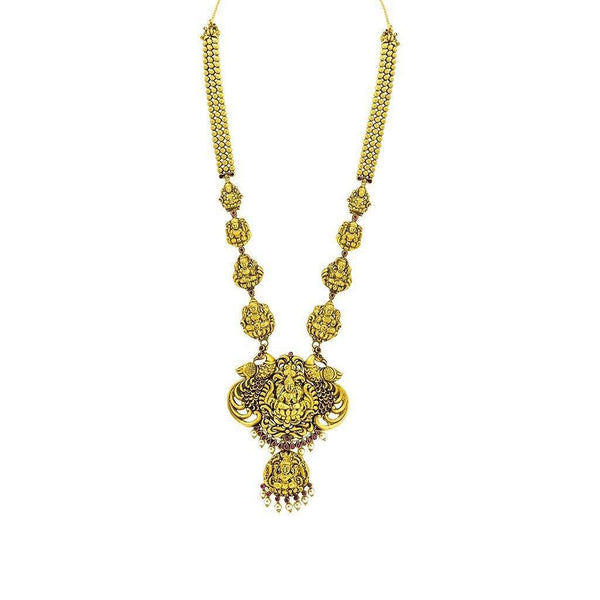 22K Yellow Gold Antique Necklace W/ Ruby & Pearl on Full Laxmi Pendant Design - Virani Jewelers | 22K Yellow Gold Antique Ruby Laxmi Pendant Necklace for women. This antique necklace features an ...
