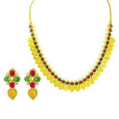 22K Yellow Gold Necklace & Earrings Set W/ Teardrop Laxmi Coins and Ruby, CZ & Emerald Gemstones - Virani Jewelers
