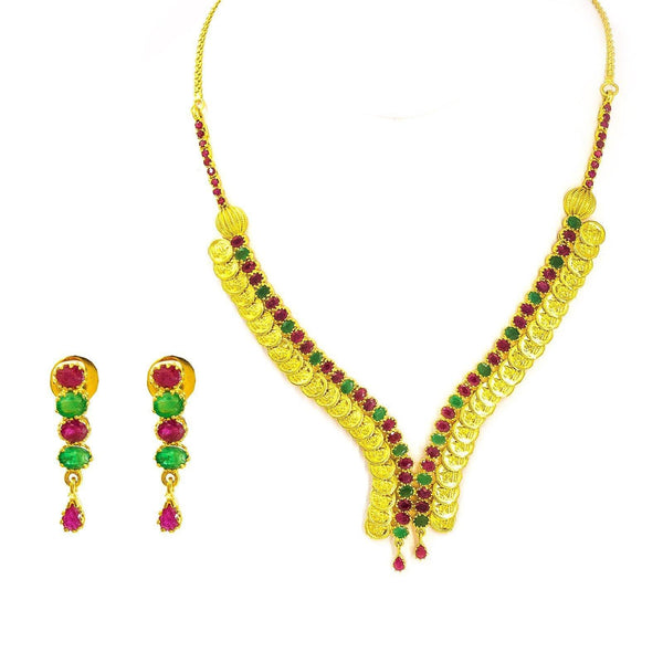 22K Yellow Gold Necklace & Earrings Set W/ V-Neck Collar of Laxmi Coins and Ruby & Emerald Gemstones - Virani Jewelers |  22K Gold Set W/ V-Neck Collar of Laxmi Coins and Ruby & Emerald Gemstones for women. This ti...