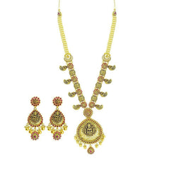 22K Yellow Gold Necklace & Earrings Set W/ Ruby, Emeralds, Pear Shaped Laxmi Pendants & Floral Accents - Virani Jewelers