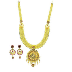 22K Yellow Gold Necklace & Earrings Set W/ CZ, Ruby, Emerald, Pearls & Laxmi Pendant on U-Shaped Beaded Chain - Virani Jewelers