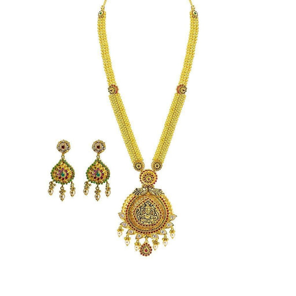 22K Yellow Gold Necklace & Earrings Set W/ Ruby, Emerald, CZ & Pearls on Thick Round Beaded Chain - Virani Jewelers |  22K Yellow Gold Necklace & Earrings Set W/ Ruby, Emerald, CZ & Pearls on Thick Round Bea...