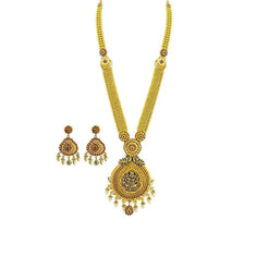 22K Yellow Gold Necklace & Earrings Set W/ Ruby, Emerald, CZ & Pearls on Plunging Beaded Chain - Virani Jewelers