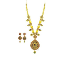 22K Yellow Gold Necklace & Earrings Set W/ CZ, Ruby, Emeralds, Pear Shaped Laxmi Pendants & Gold Ball Accents - Virani Jewelers