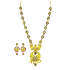22K Yellow Gold Necklace & Earrings Set W/ Emerald, Ruby, Laxmi Accent Chain and Chandbali Pendant - Virani Jewelers