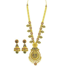 22K Yellow Gold Necklace & Jhumki Earrings Set W/ Pearls, Ruby, Emerald, CZ, Laxmi Pendants & Teardrop Accents - Virani Jewelers
