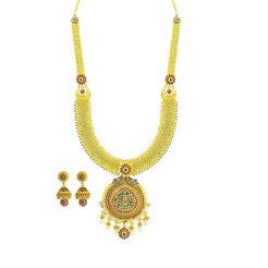 22K Yellow Gold Necklace & Jhumki Earrings Set W/ CZ, Ruby, Emerald, Pearls & Laxmi Pendant on U-Shaped Beaded Chain - Virani Jewelers