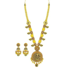 22K Yellow Gold Necklace & Earring set W/ Ruby, Emerald, Laxmi Pendant & Gold Ball Accents - Virani Jewelers