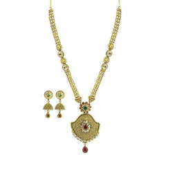 22K Yellow Gold Necklace & Jhumki Earrings Set W/ Kundan & Beaded Three Strand Necklace - Virani Jewelers