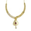 22K Yellow Gold Necklace & Earrings Set W/ Ruby, Pearl & CZ on Detailed Collar & Cutout Pear Pendant - Virani Jewelers