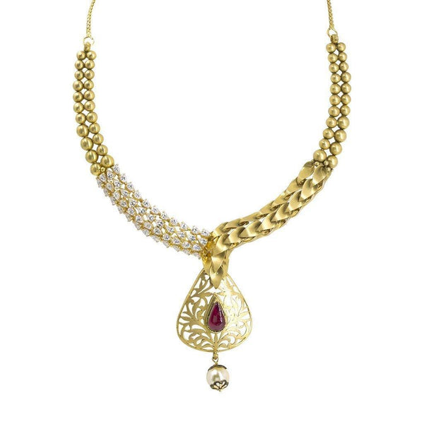 22K Yellow Gold Necklace & Earrings Set W/ Ruby, Pearl & CZ on Detailed Collar & Cutout Pear Pendant - Virani Jewelers |  22K Yellow Gold Necklace & Earrings Set W/ Ruby, Pearl & CZ on Detailed Collar & Cut...