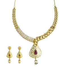 22K Yellow Gold Necklace & Earrings Set W/ Ruby, Pearl & CZ on Detailed Collar & Cutout Pear Pendant - Virani Jewelers