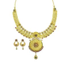 22K Yellow Gold Necklace & Earrings Set W/ CZ, Ruby, Emerald & Mango Leaves on Collar Necklace - Virani Jewelers