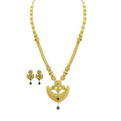 22K Yellow Gold Necklace & Earrings Set W/ Kundan on Anchor Pendants & Thick Beaded Strand - Virani Jewelers