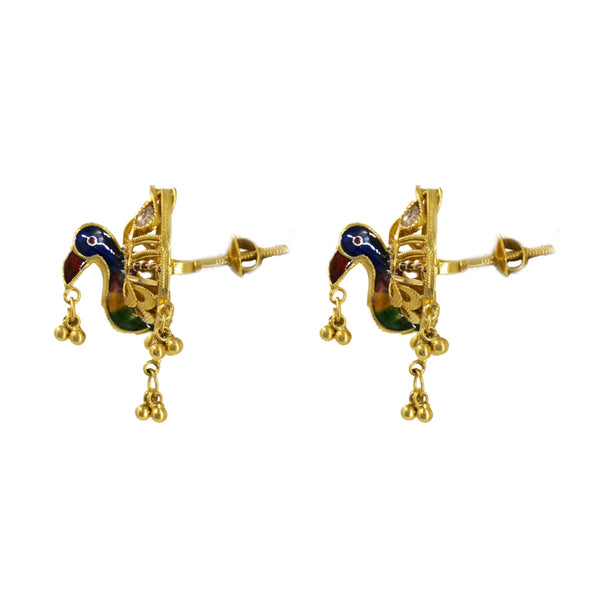 22K Gold Earrings W/ Peacock meenakari Design - Virani Jewelers | Peacock gold earrings with a meenakari design.
Length 1 In. Width 15 mm.